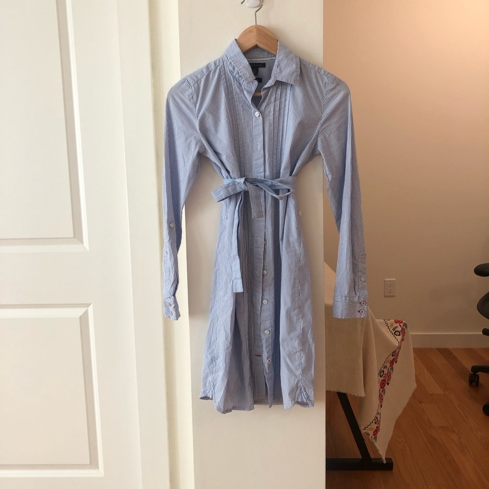 Office shirt dress in light blue strips
